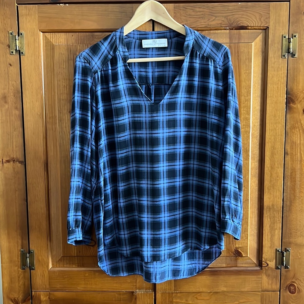 Amanda Uprichard blue plaid, 100% silk blouse. Medium
